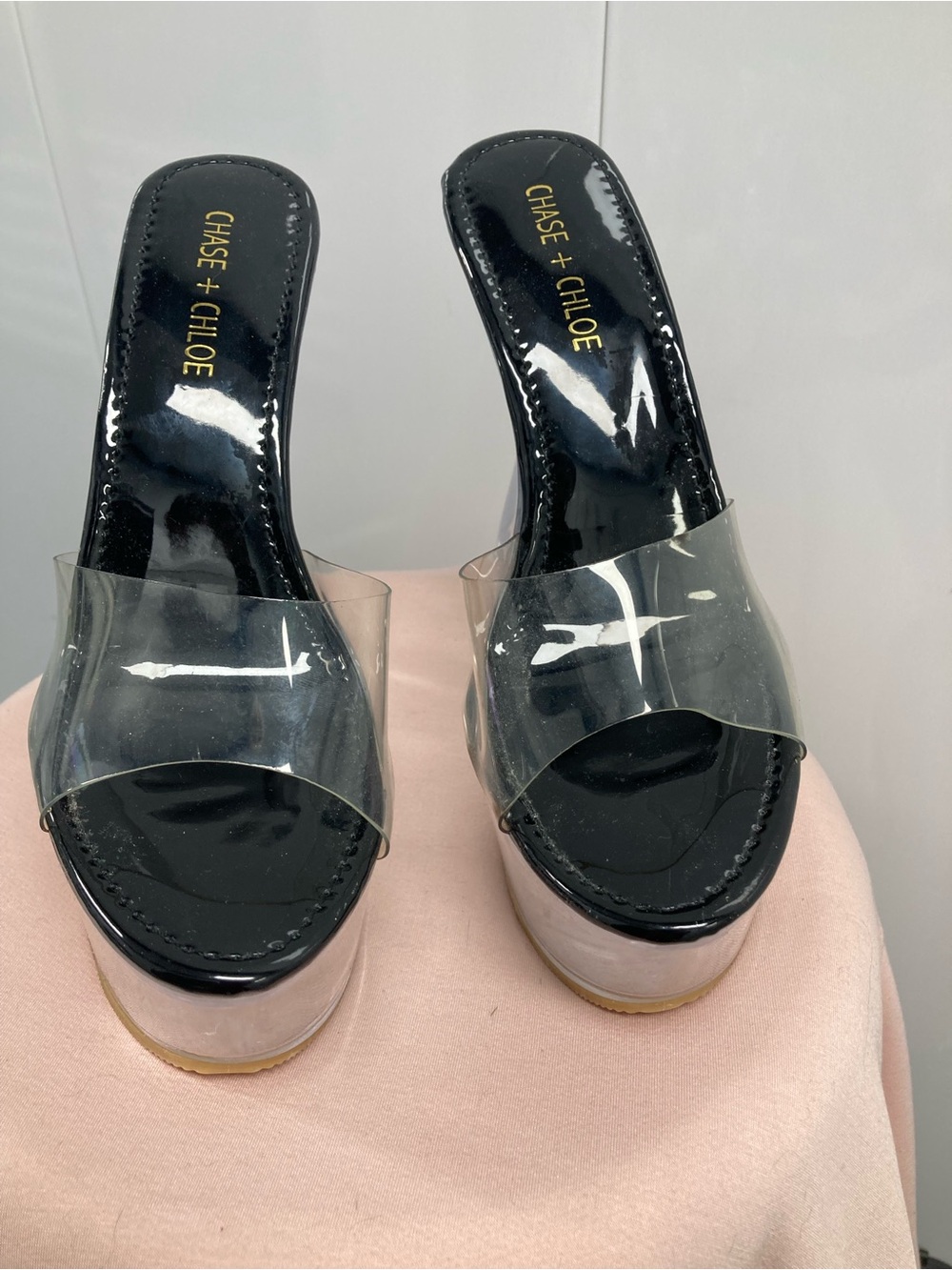 Chase + Chloe Black Patent Platform Slide Sandals with Clear Vinyl Strap